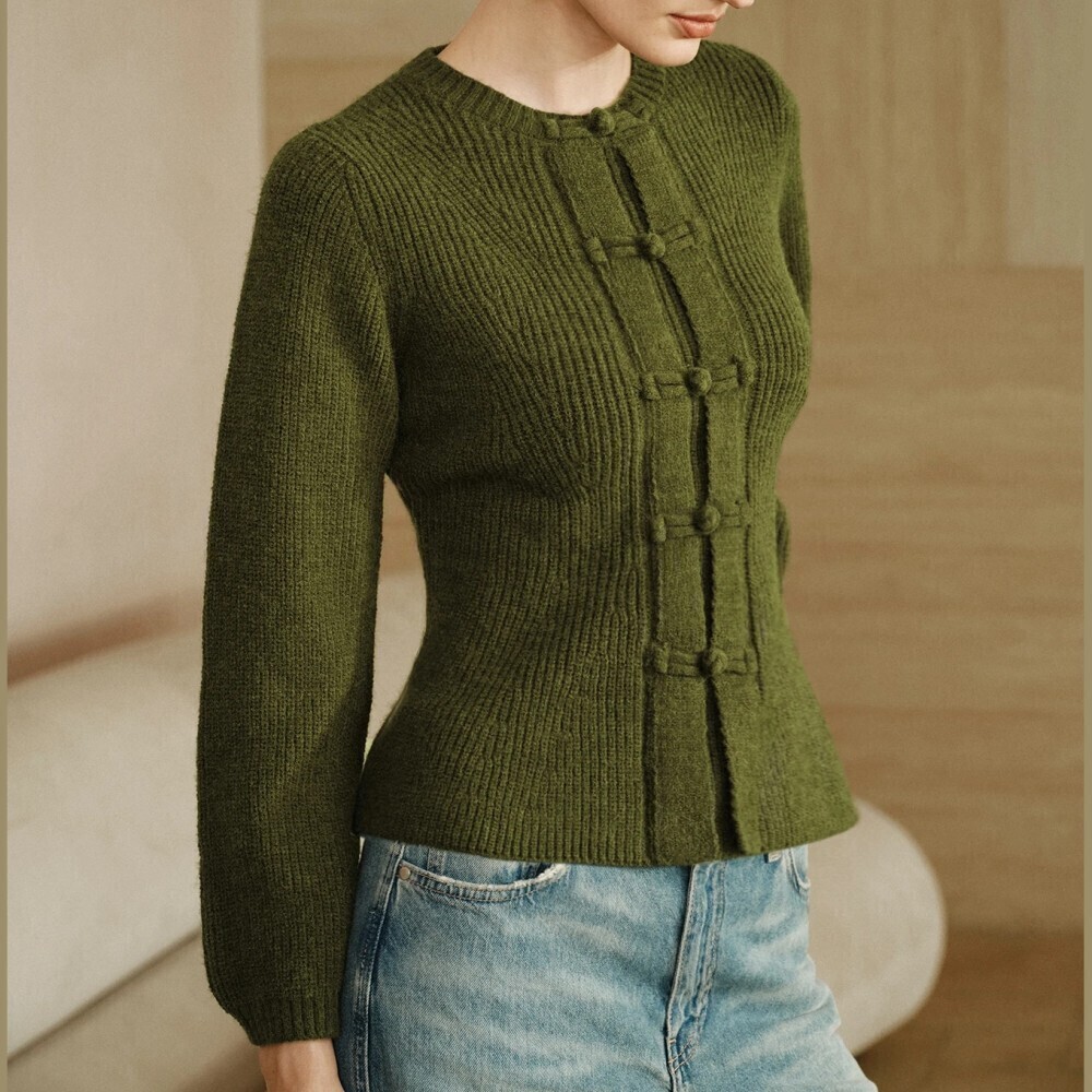 Olive Green Ribbed Knit Slim Fit Sweater with Faux Frog Buttons